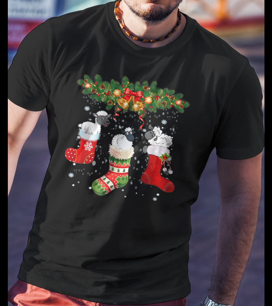 Three Sheeps In Christmas Stockings Bells Garland Snowflakes Holiday T-Shirt