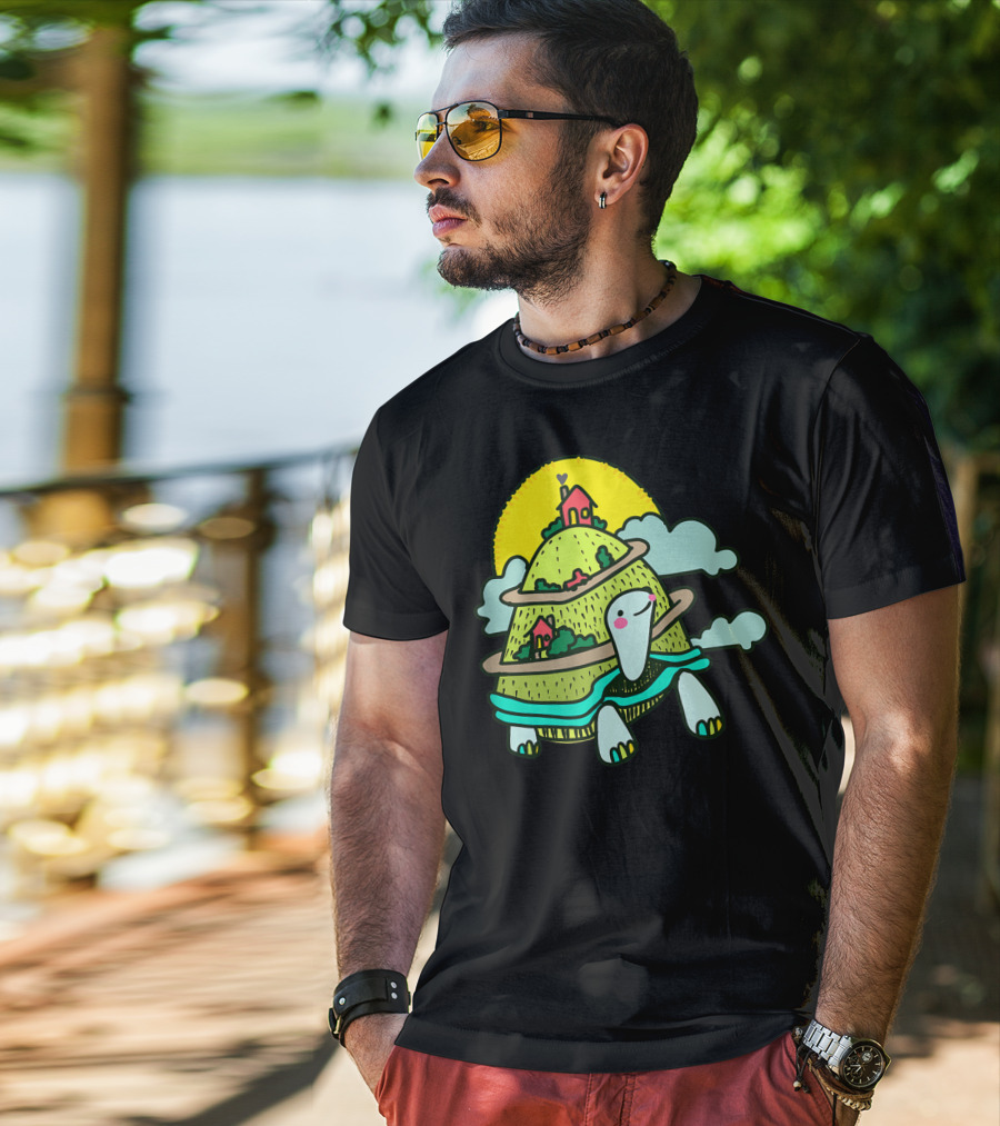 Turtle Life On A Mountain Path With Houses And Sun T-Shirt