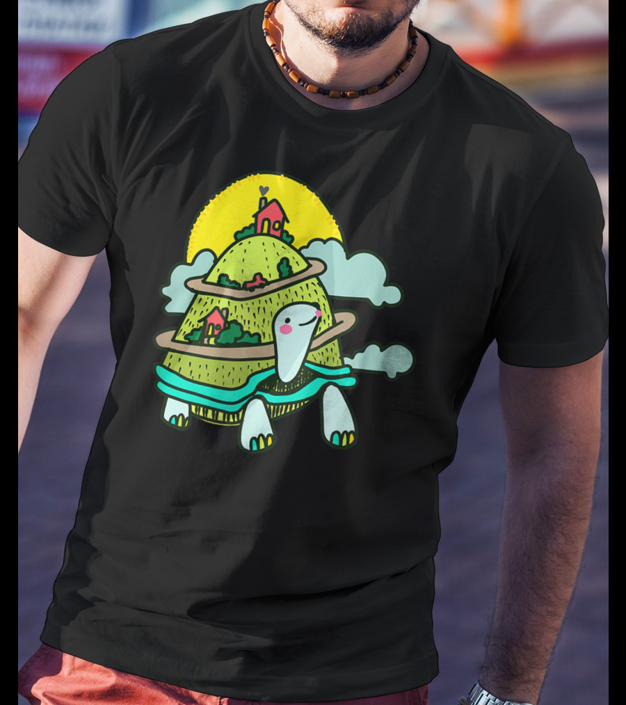 Turtle Life On A Mountain Path With Houses And Sun T-Shirt
