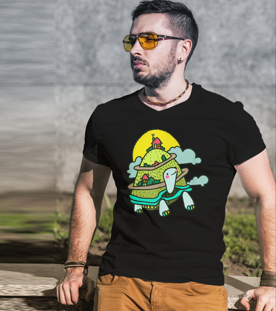 Turtle Life On A Mountain Path With Houses And Sun T-Shirt