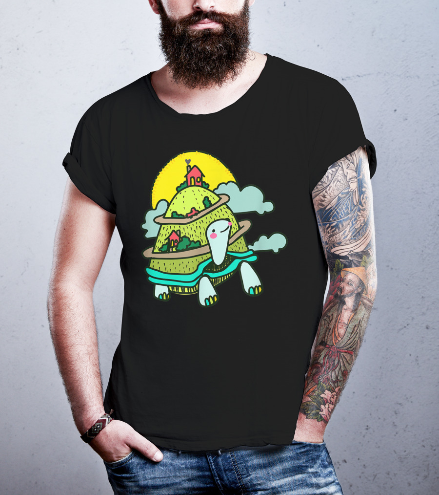 Turtle Life On A Mountain Path With Houses And Sun T-Shirt