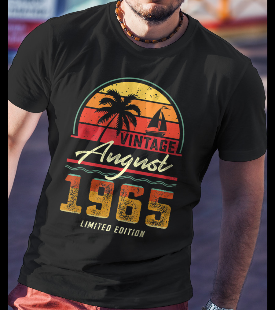 Vintage August 1965 Palm Tree And Sailboat Retro Sunset T-Shirt