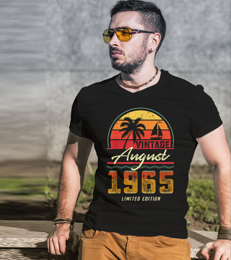 Vintage August 1965 Palm Tree And Sailboat Retro Sunset T-Shirt