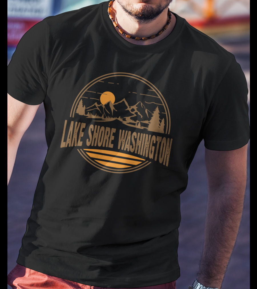 Lake Shore Washington Vintage Mountain Sunset Scene T-Shirt