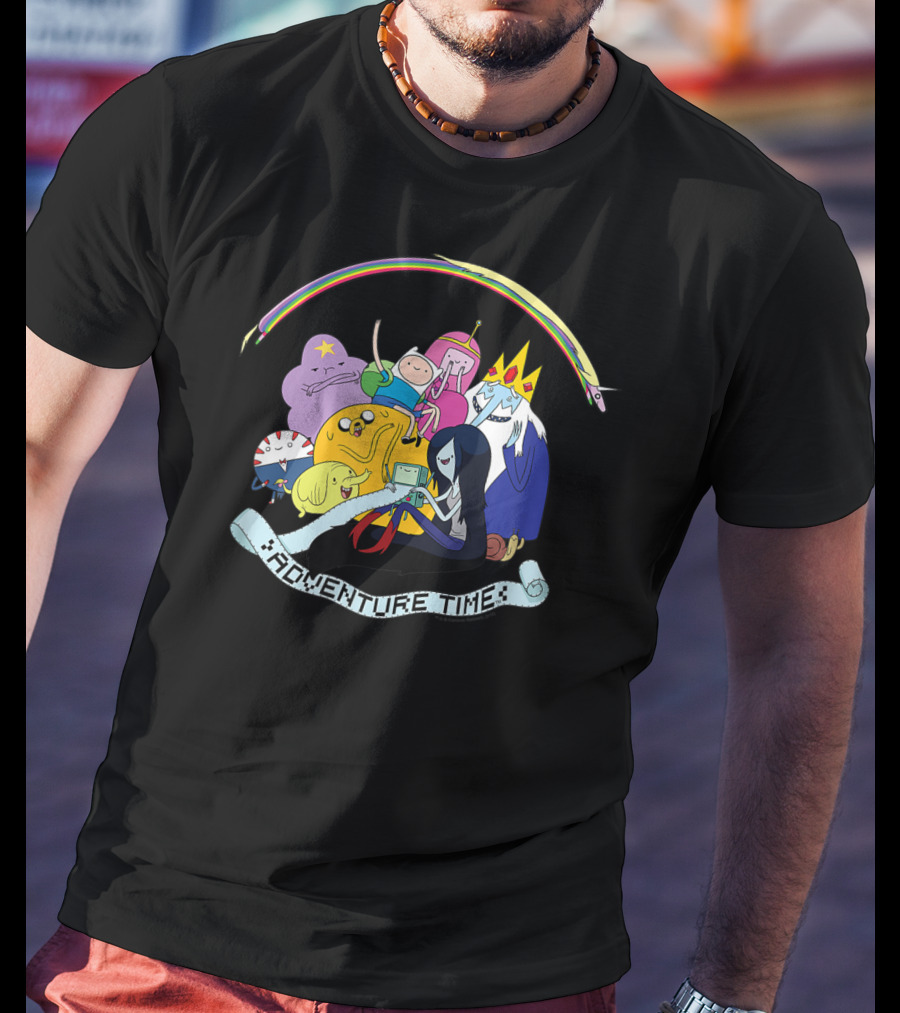 Adventure Time Characters Group With Rainbow And Script Banner T-Shirt
