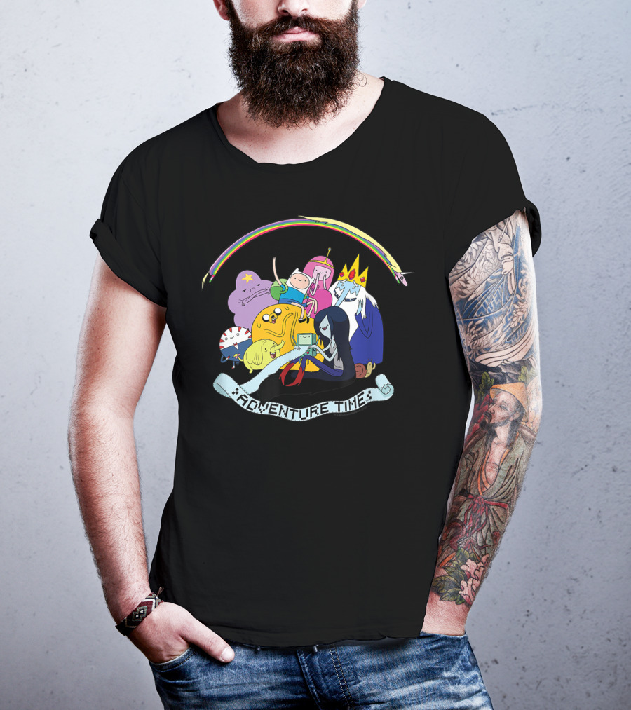 Adventure Time Characters Group With Rainbow And Script Banner T-Shirt
