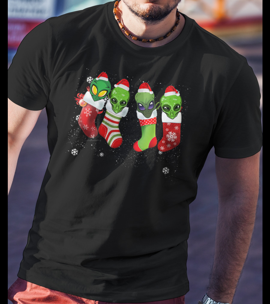 Aliens Wearing Santa Hats In Christmas Stockings With Snowflakes T-Shirt