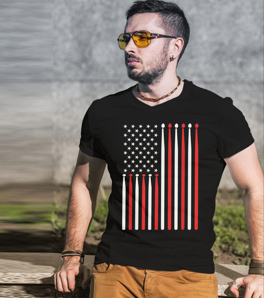 American Flag Drumsticks USA Drummer Musicians Patriotic T-Shirt