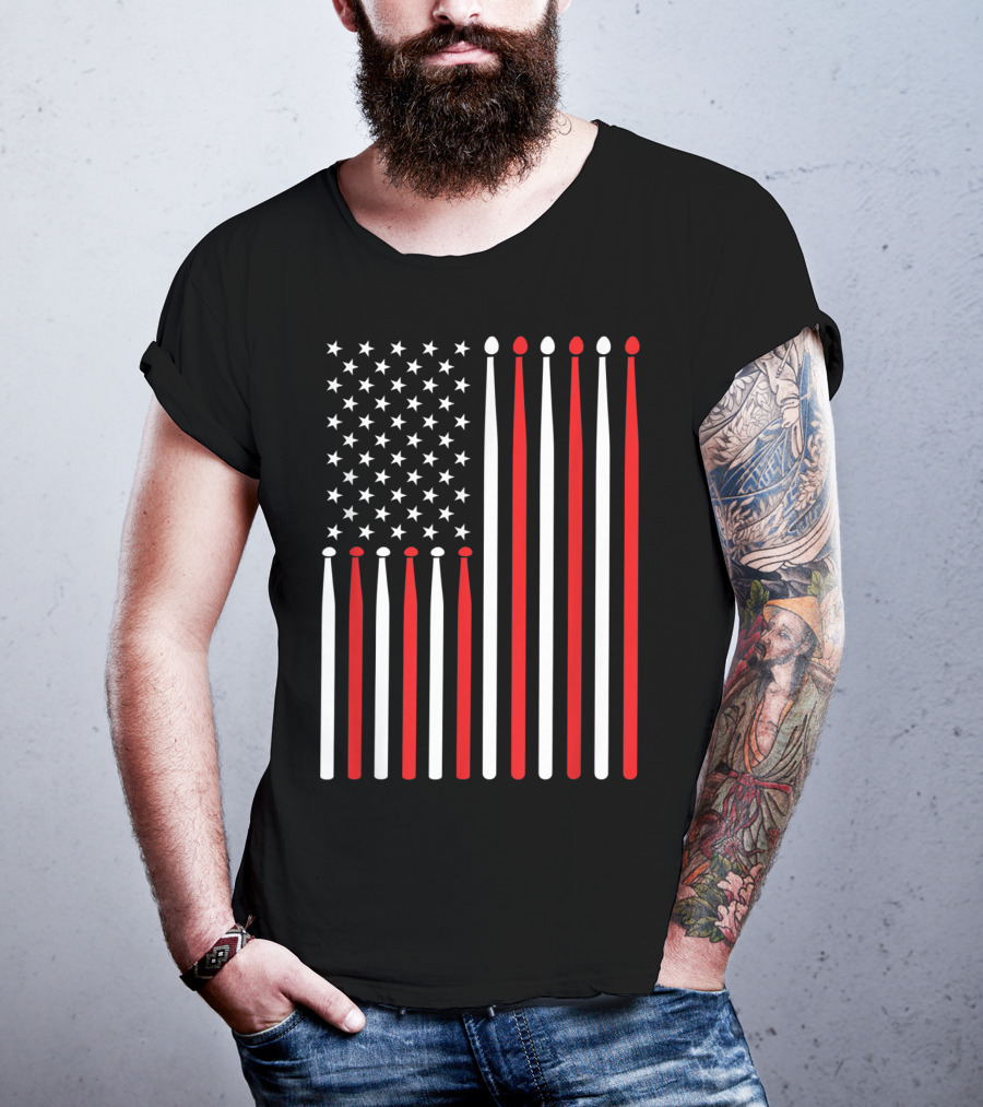 American Flag Drumsticks USA Drummer Musicians Patriotic T-Shirt