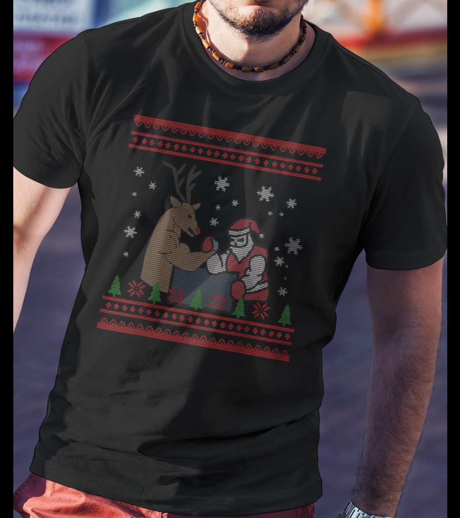 Arm Wrestling Santa Reindeer Funny Workout Gym Christmas T-Shirt