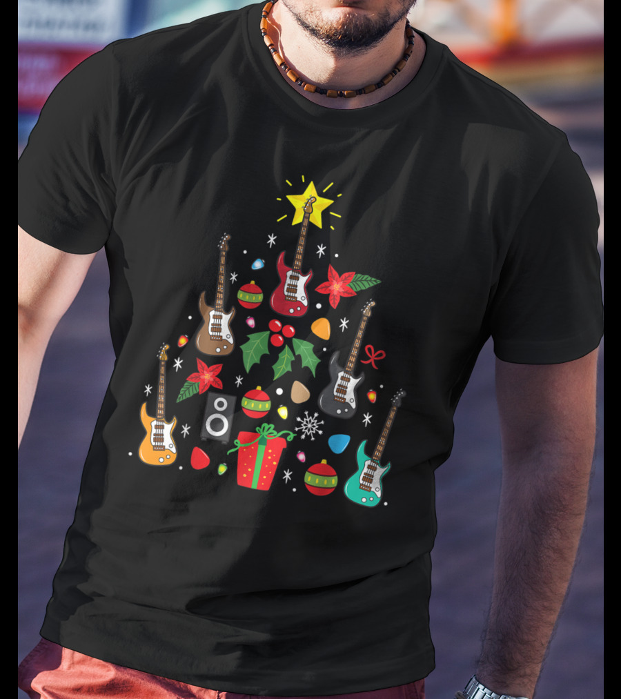 Bass Guitar Christmas Ornament Tree Music Holiday Festive Lights And Presents T-Shirt