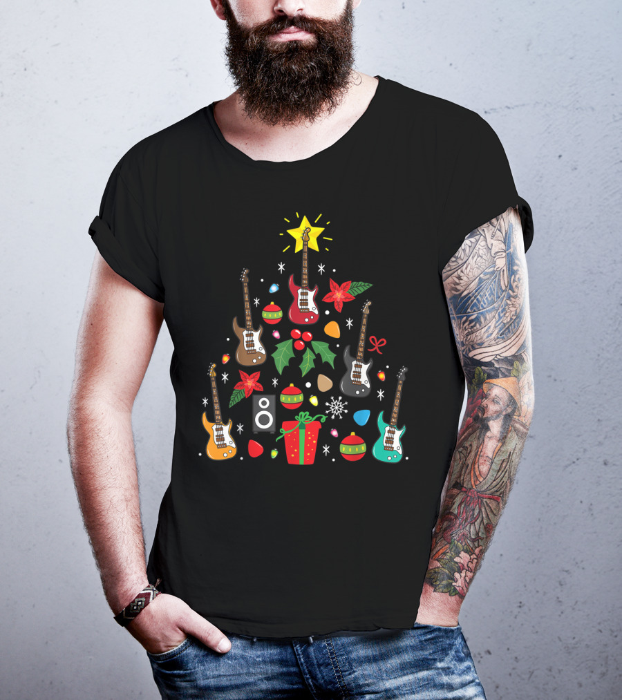 Bass Guitar Christmas Ornament Tree Music Holiday Festive Lights And Presents T-Shirt