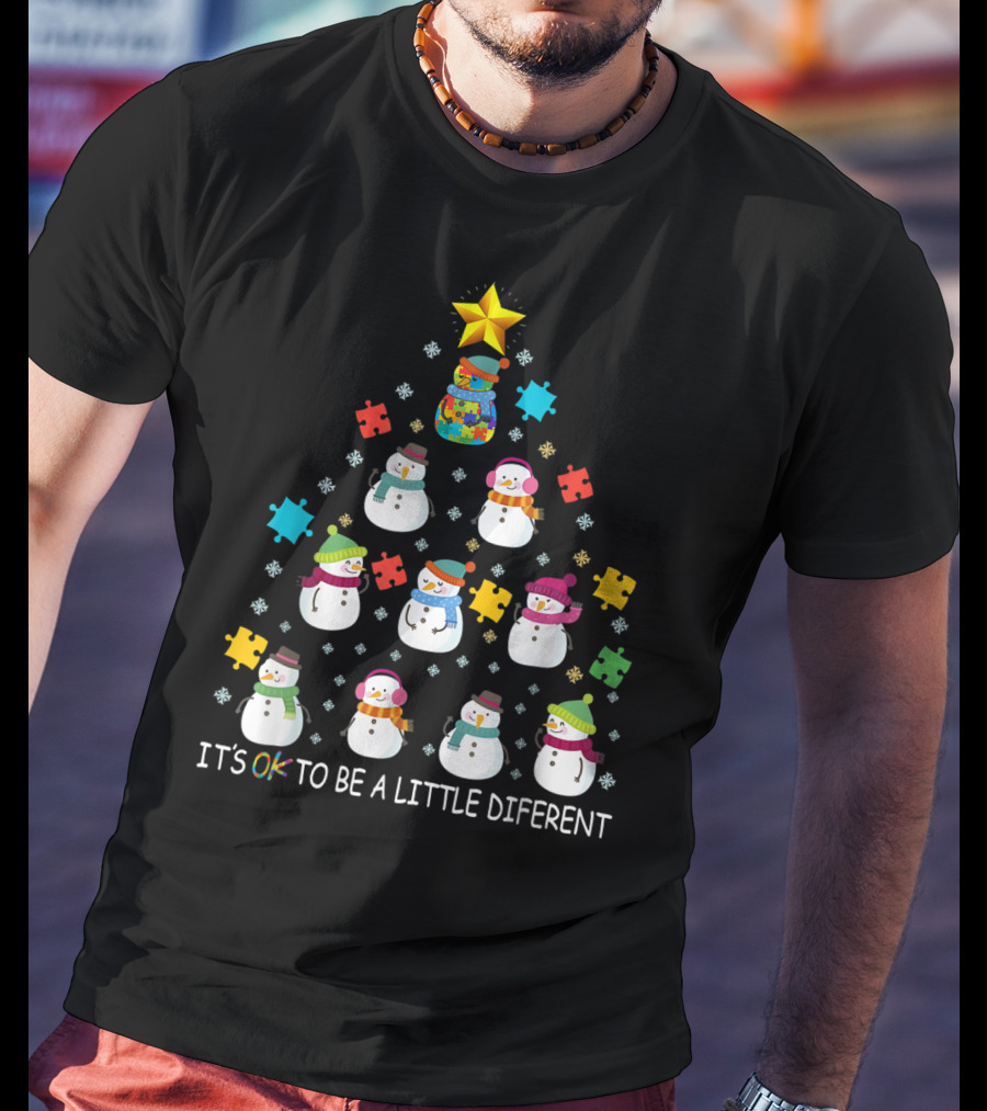IT'S OK TO BE A LITTLE DIFERENT Snowman Autism Puzzle Tree T-Shirt