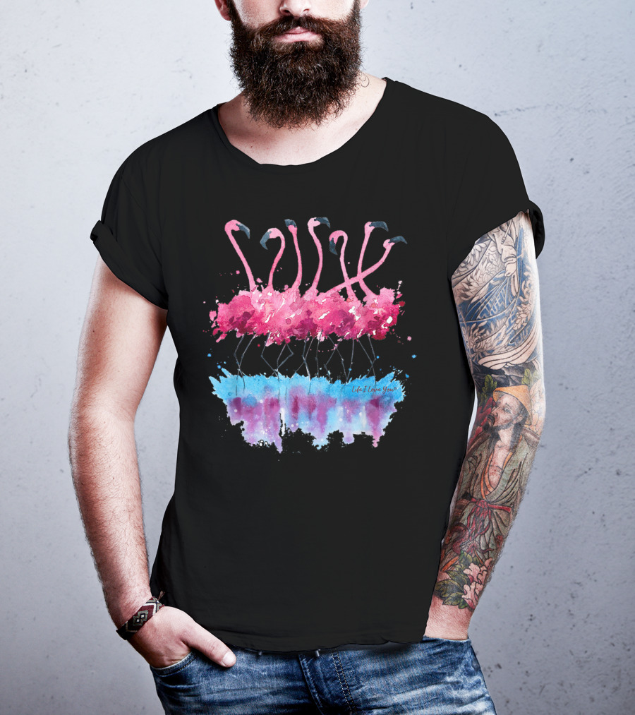 Dancing Pink Flamingos With Colorful Life I Love You Watercolor Reflection T-Shirt
