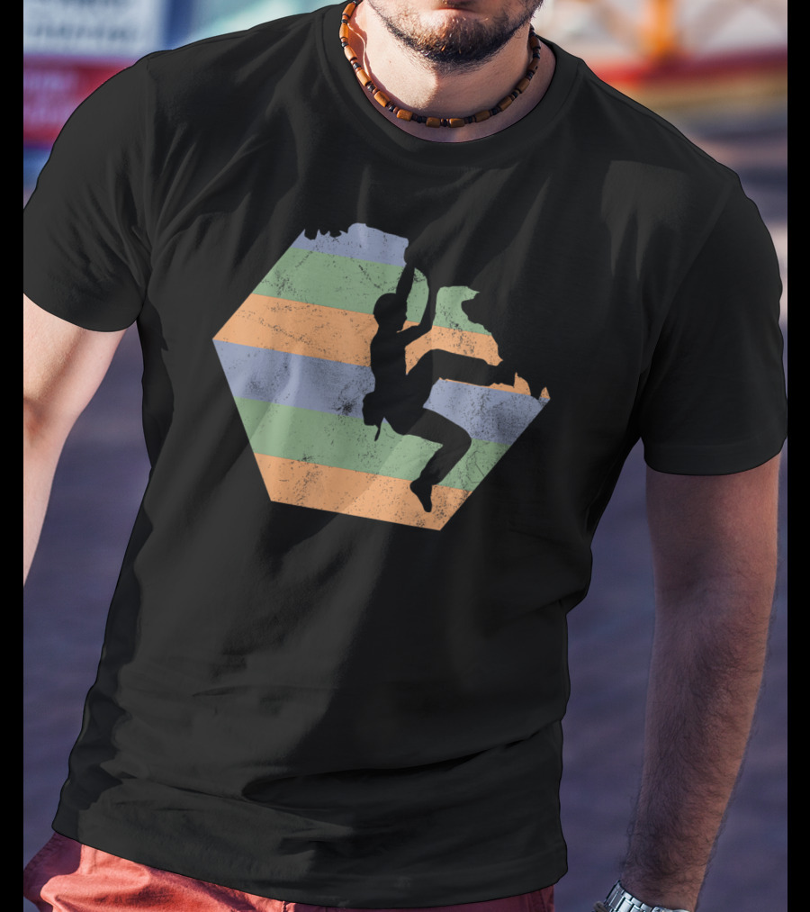 Bouldering Rock Climbing Climber Silhouette With Stripes T-Shirt