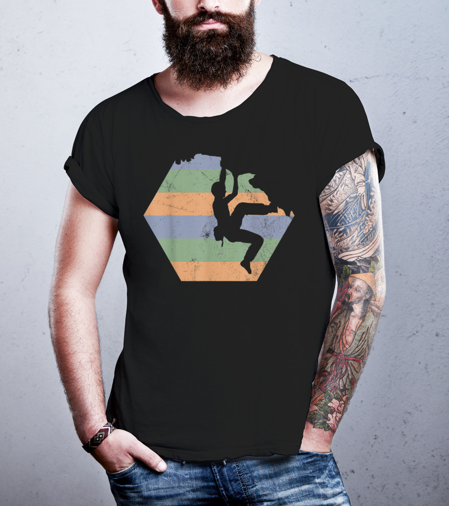 Bouldering Rock Climbing Climber Silhouette With Stripes T-Shirt