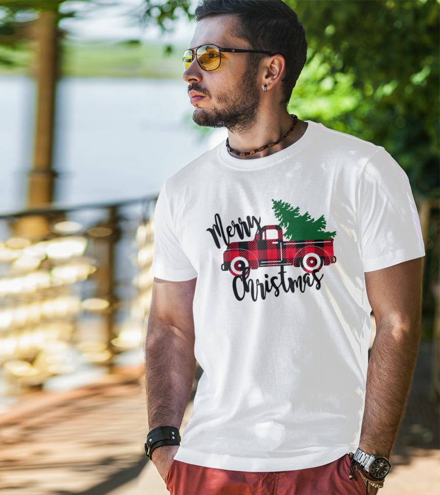 Merry Christmas Buffalo Plaid Red Truck T-Shirt