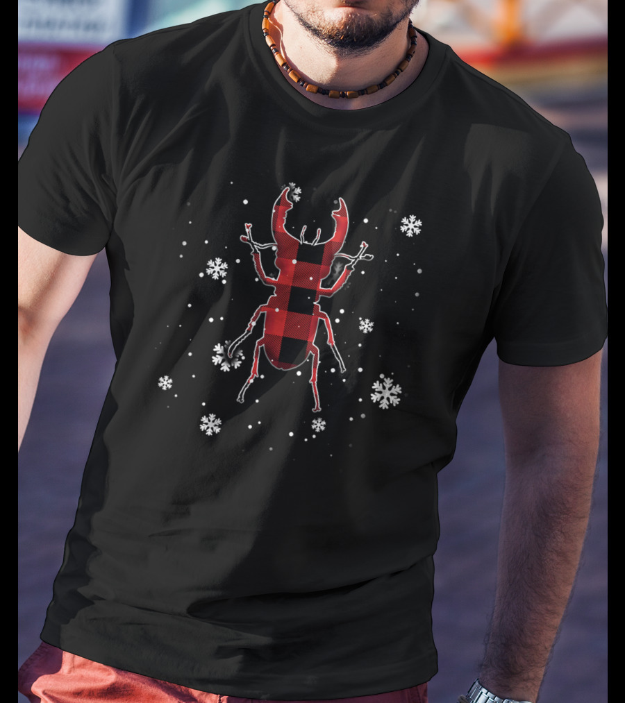 Bug Plaid Christmas Stag Beetle Snowflakes T-Shirt