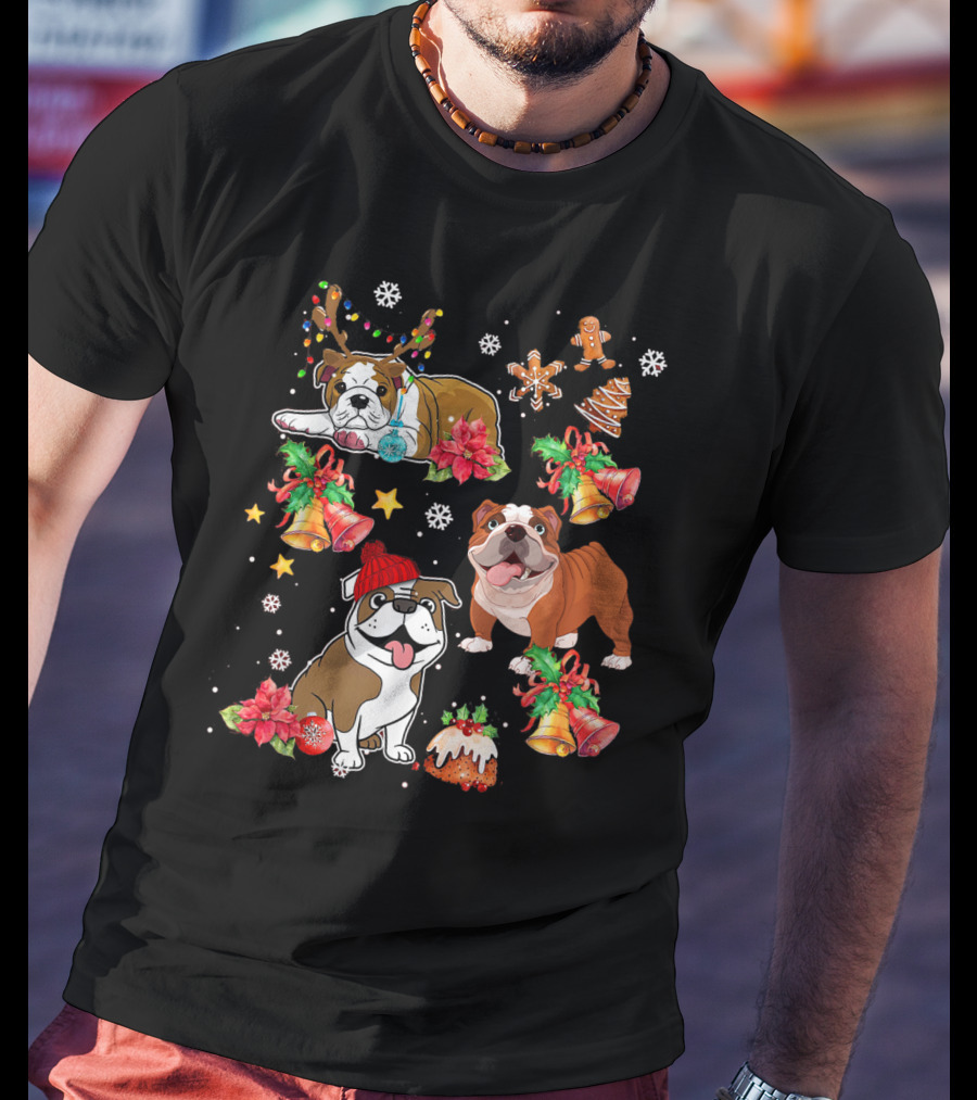 Bulldog Christmas Ornament Decoration With Bells And Gingerbread T-Shirt
