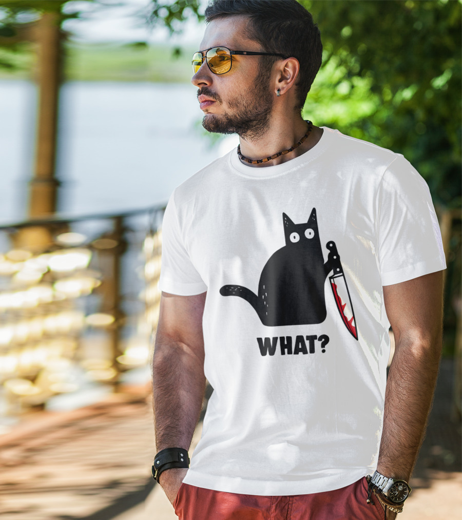 Funny Black Cat With Knife And What? T-Shirt