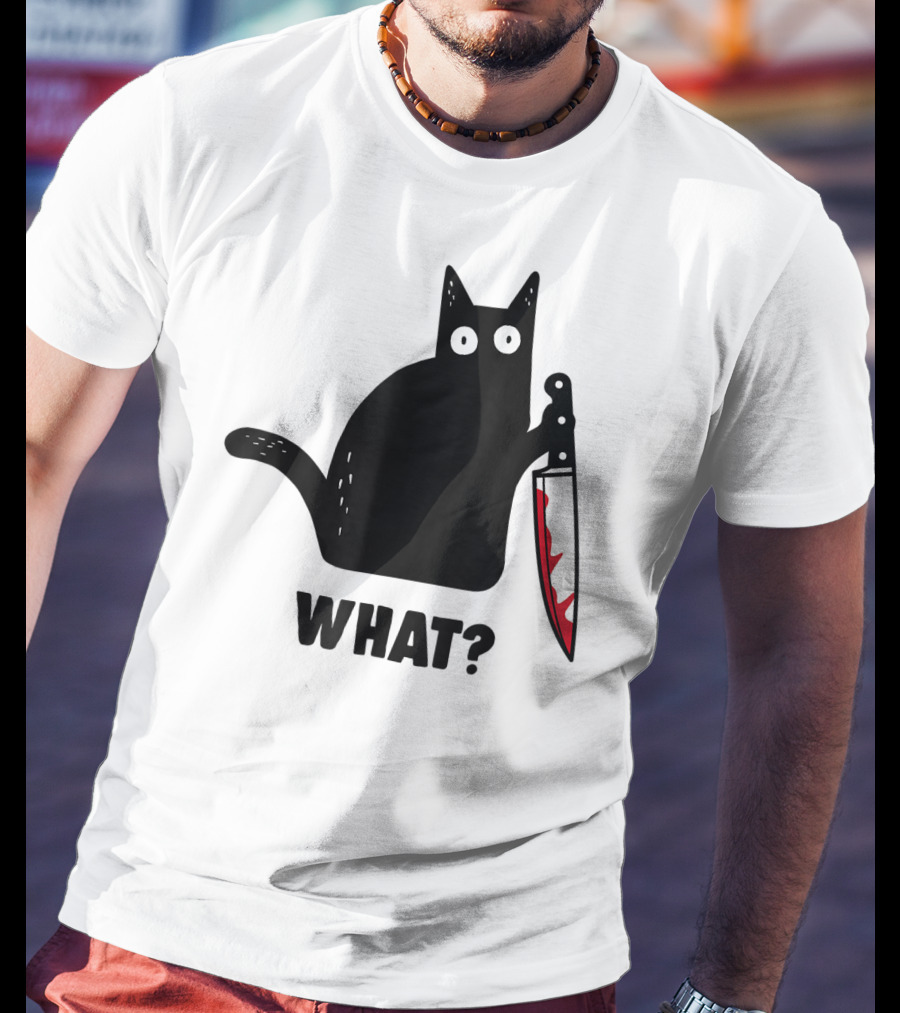 Funny Black Cat With Knife And What? T-Shirt