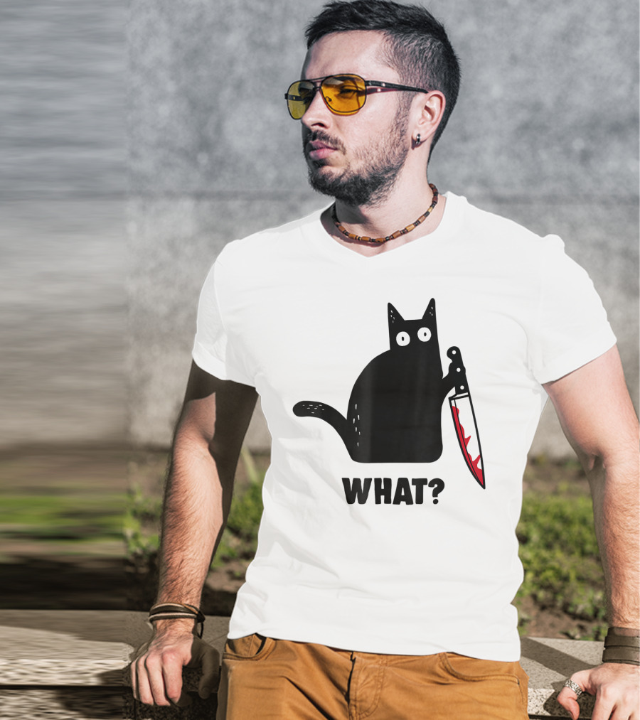 Funny Black Cat With Knife And What? T-Shirt