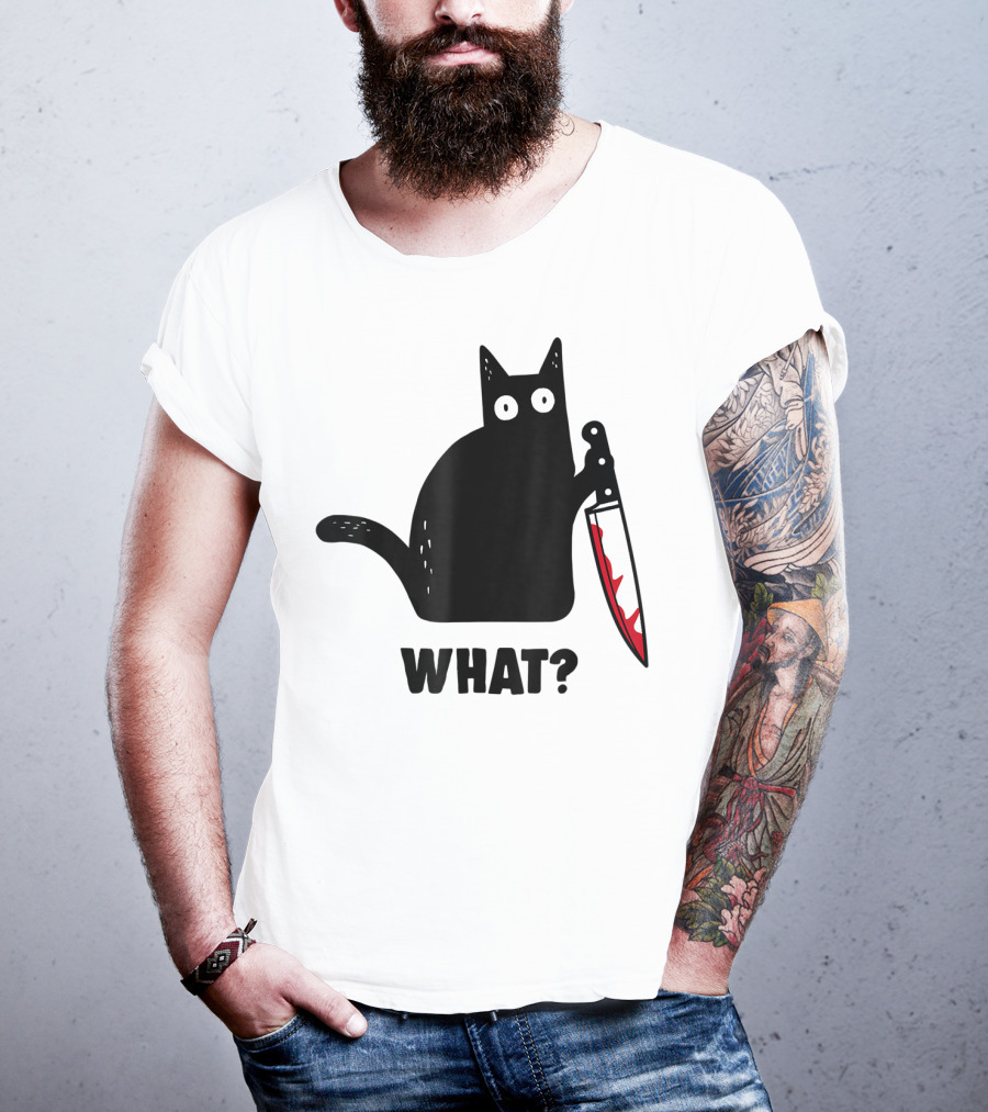 Funny Black Cat With Knife And What? T-Shirt