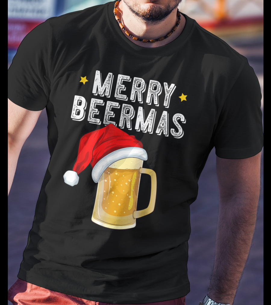 Merry Beermas Christmas Beer Santa Hat Beer Mug T-Shirt