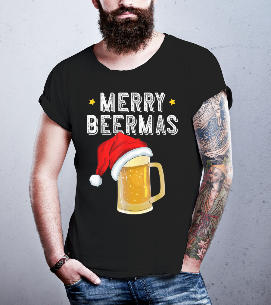 Merry Beermas Christmas Beer Santa Hat Beer Mug T-Shirt