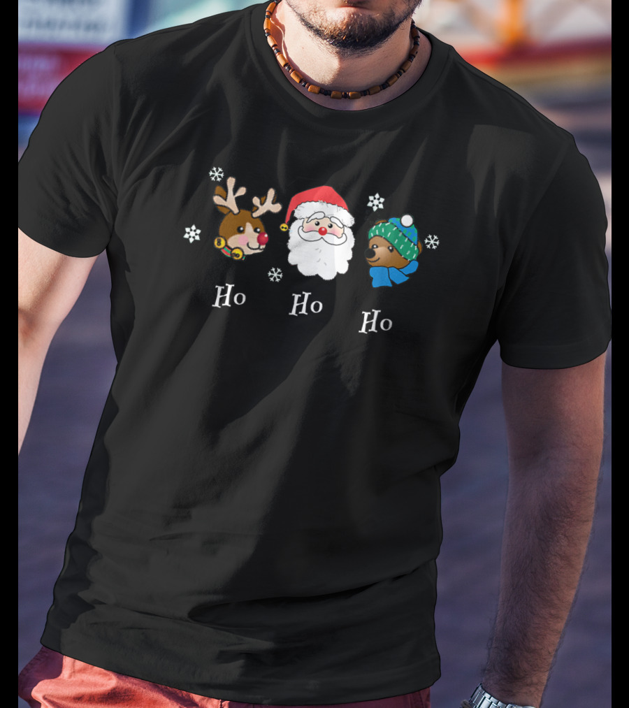 Christmas Ho Ho Ho Santa Reindeer Bear Snowflakes Fun Friendly T-Shirt