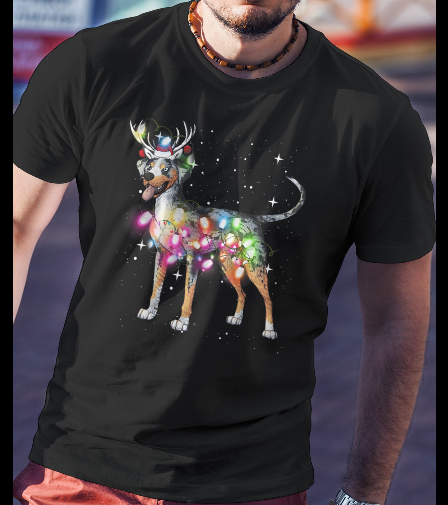 Catahoula Leopard Dog Wrapped In Christmas Lights With Reindeer Antlers And Santa Hat T-Shirt