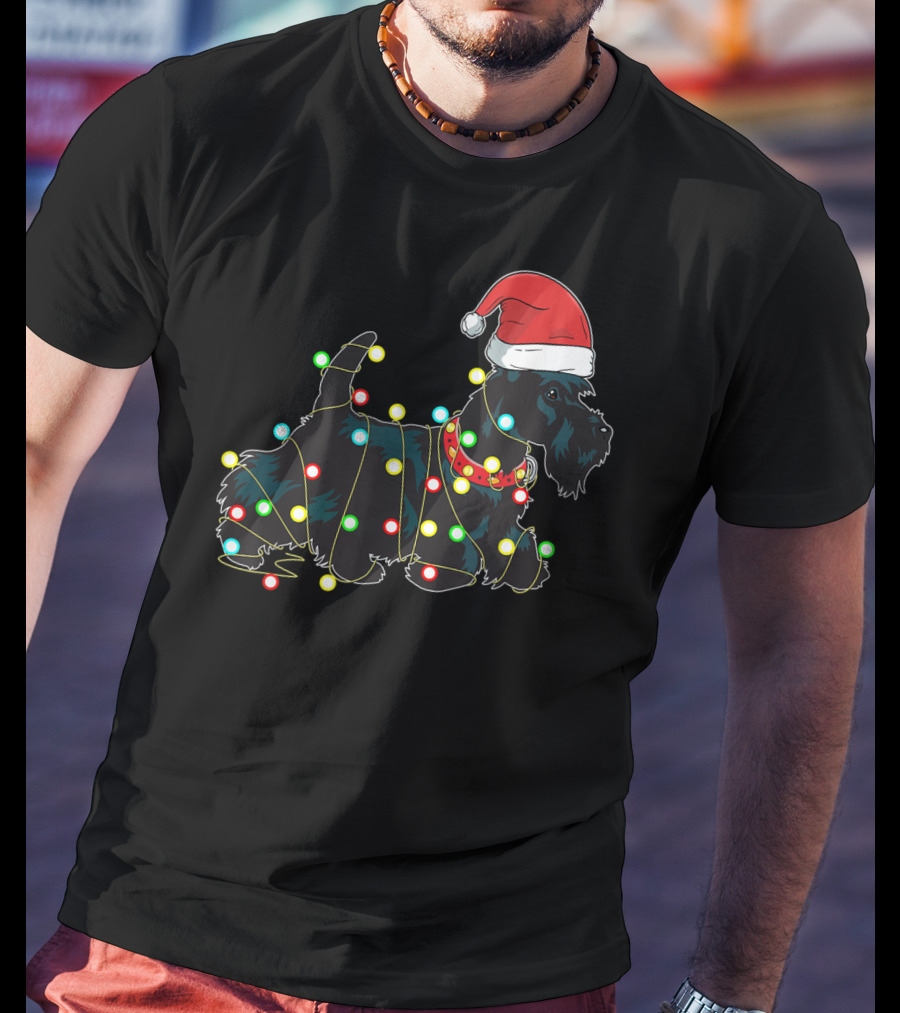 Scottish Terrier Wrapped In Christmas Lights And Santa Hat T-Shirt