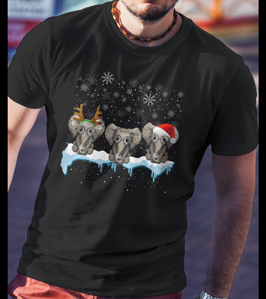 Christmas Three Hippie Elephants With Reindeer Antlers Santa Hat Peace Signs Snowflakes T-Shirt