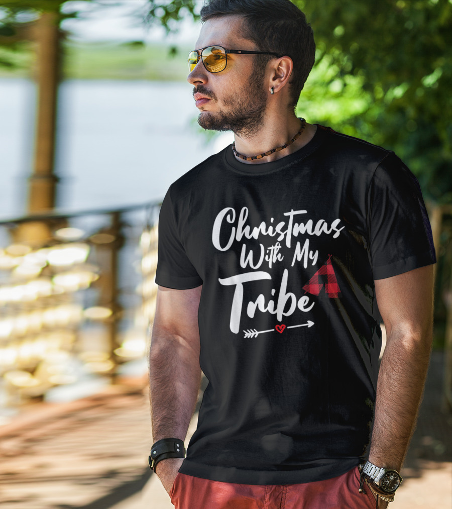 Christmas With My Tribe Buffalo Plaid Family Tent Arrow Heart T-Shirt
