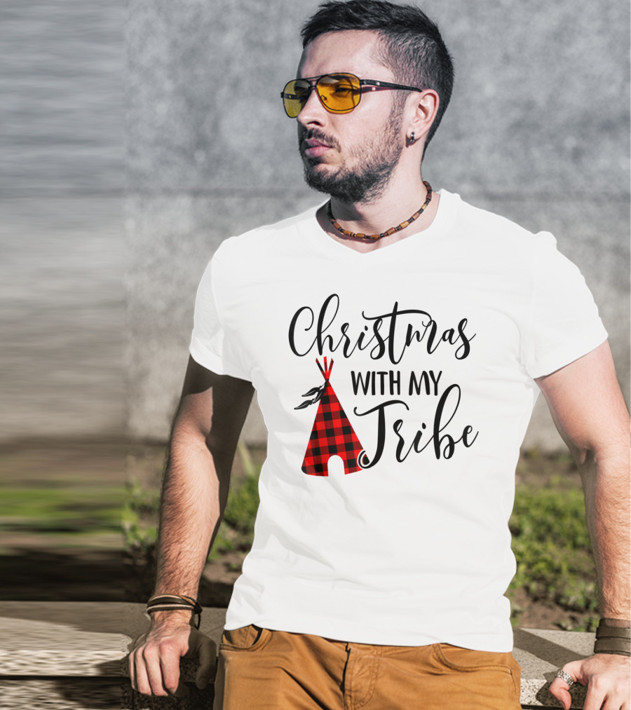 Christmas With My Tribe Teepee Buffalo Plaid Holiday T-Shirt