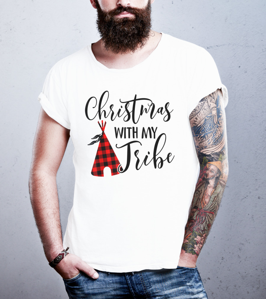 Christmas With My Tribe Teepee Buffalo Plaid Holiday T-Shirt