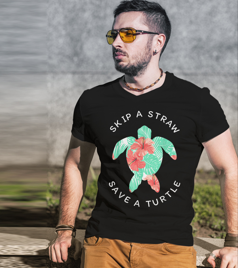 Skip A Straw Save A Turtle Hawaiian Floral Conservation T-Shirt