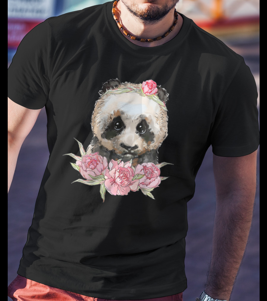 Baby Panda Bear With Pink Flower Crown And Blossoms T-Shirt