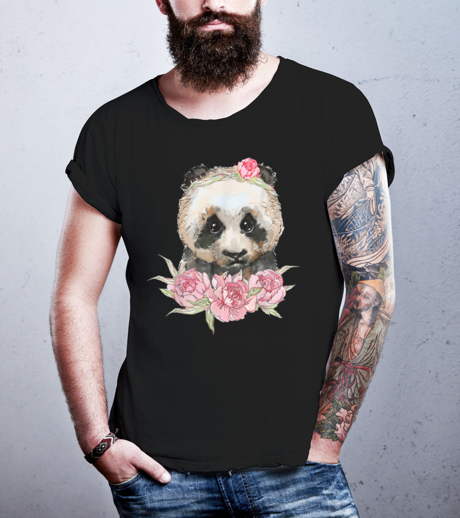 Baby Panda Bear With Pink Flower Crown And Blossoms T-Shirt