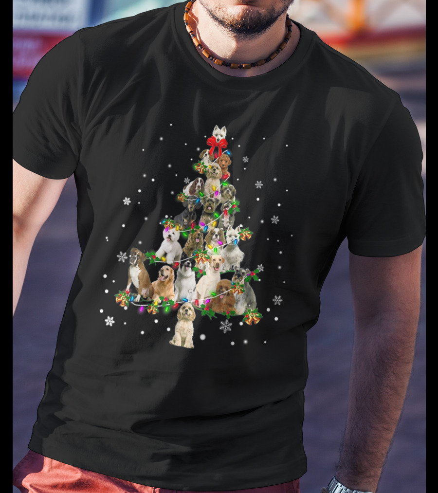 Cute Dogs Xmas Christmas Tree Decor With Festive Holiday Lights T-Shirt