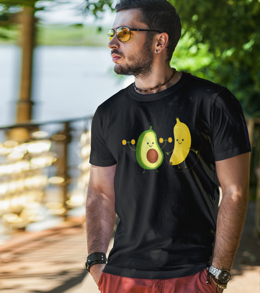Cute Happy Smiling Banana And Avocado Exercising Together T-Shirt
