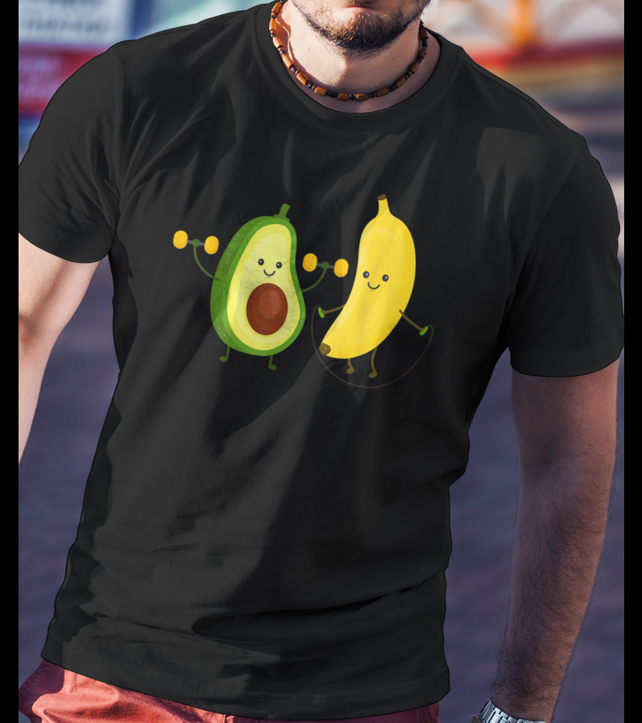 Cute Happy Smiling Banana And Avocado Exercising Together T-Shirt