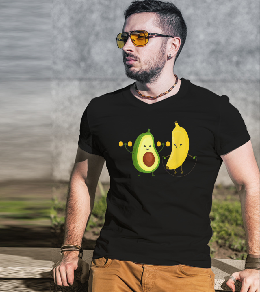 Cute Happy Smiling Banana And Avocado Exercising Together T-Shirt