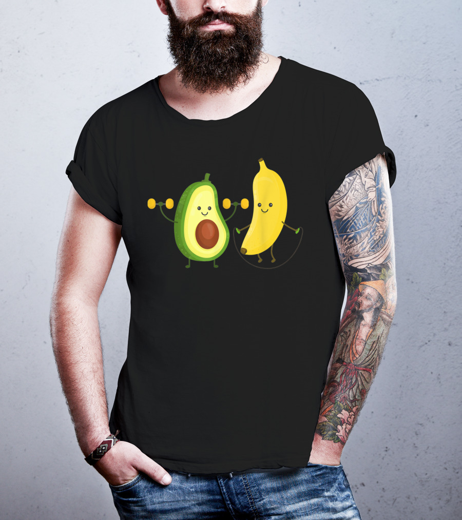 Cute Happy Smiling Banana And Avocado Exercising Together T-Shirt