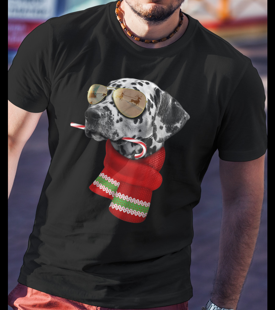 Dalmatian Christmas Dog With Candy Cane And Santa Sunglasses T-Shirt