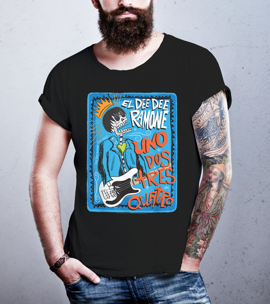 El Dee Dee Ramone Uno Dos Tres Quatro Skull Art With Crown And Heart Guitar T-Shirt