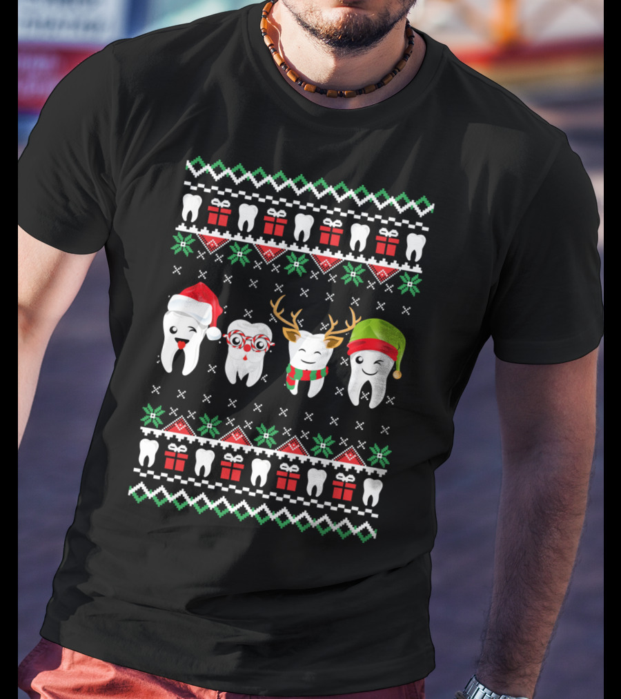 Dentist Ugly Christmas Teeth Santa Reindeer Glasses T-Shirt