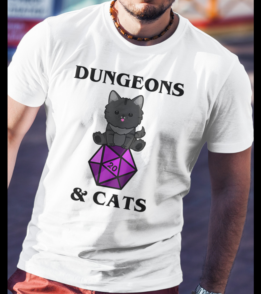 Dungeons And Cats Nerdy RPG Cat Sitting On D20 Dice T-Shirt