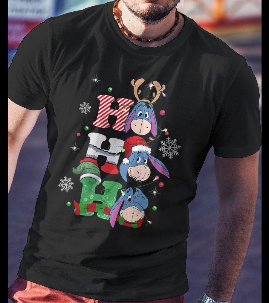 Eeyore Christmas Donkey Santa Reindeer Ho Ho Ho Snowflakes T-Shirt