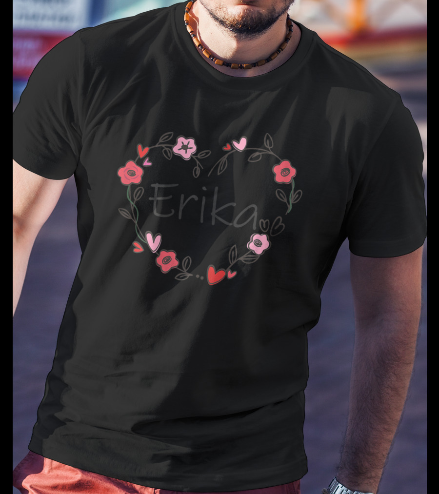 Erika Heart Floral Design With Red And Pink Flowers T-Shirt